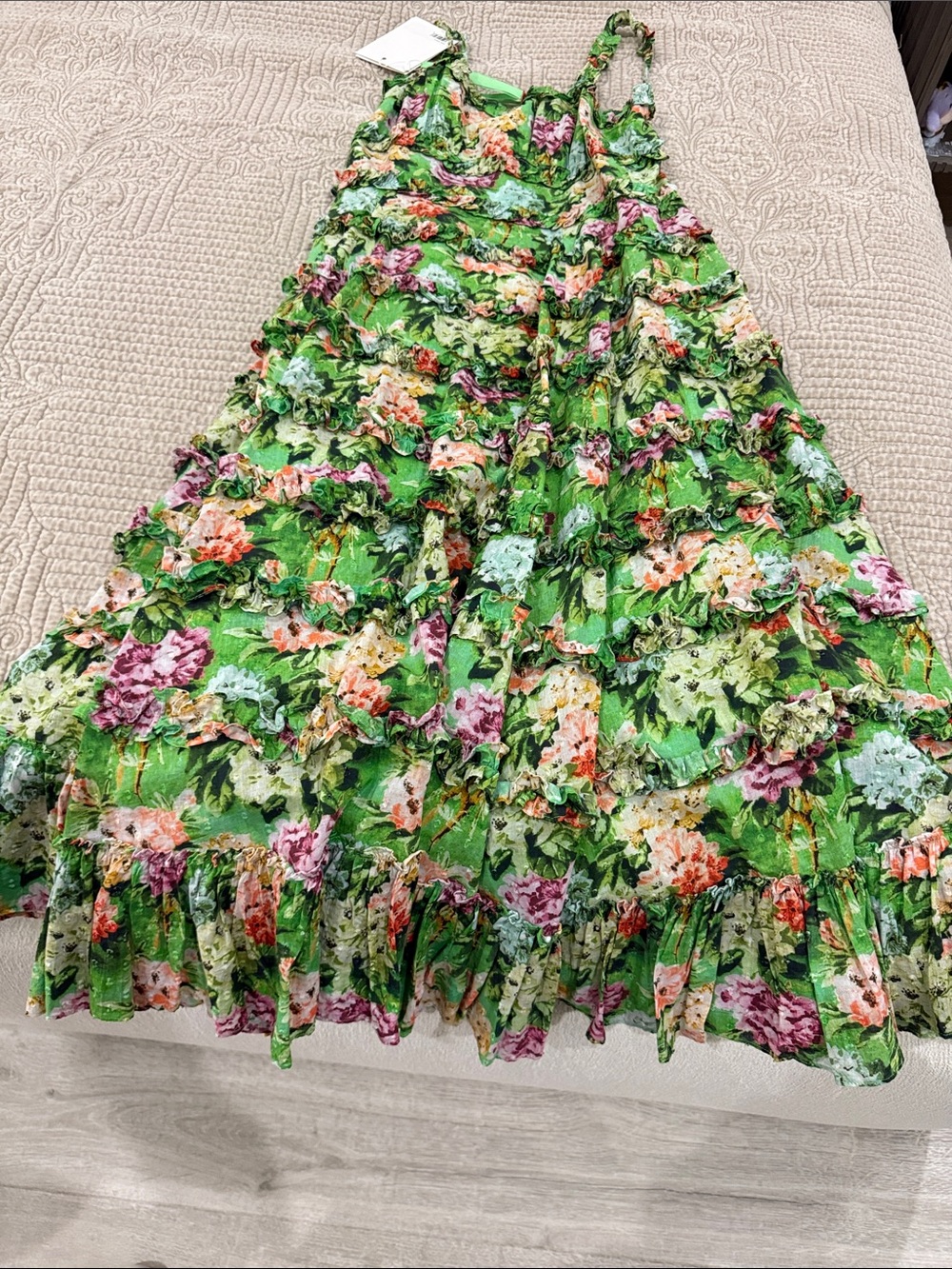 Mac Duggal Green Floral Ruffled Tiered Maxi Dress with Pink & Yellow Blooms